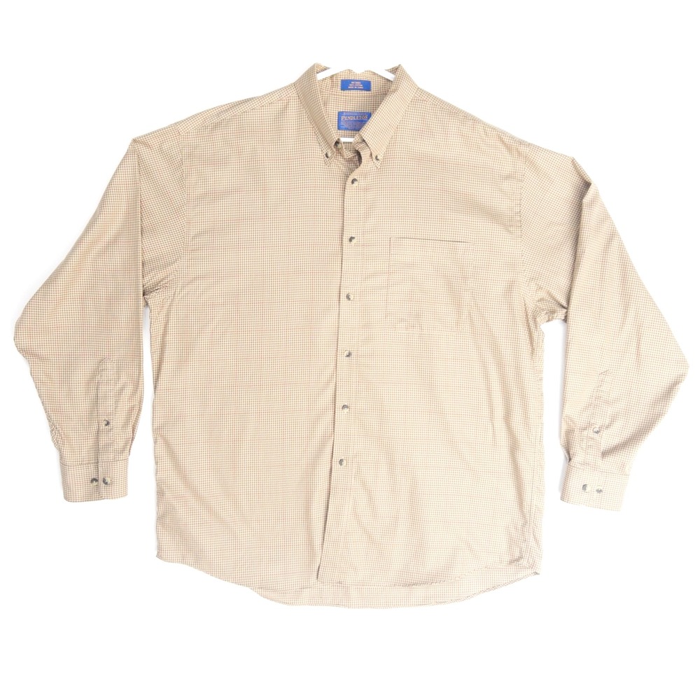 Vtg Pendleton Cotton Gingham Shirt Mens XL Long Khaki Check Button Down